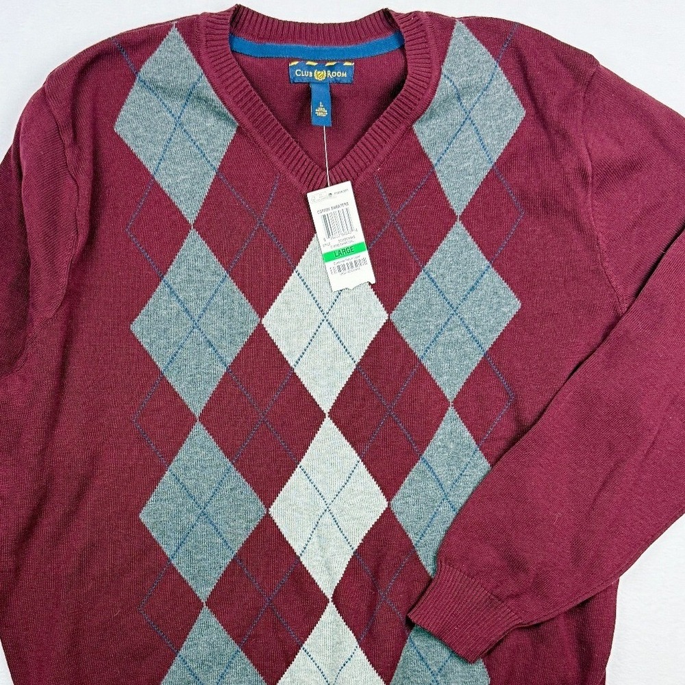 Club Room Mens V-Neck Argyle Cotton Sweater Size L‎ Dark Red 26335CW445